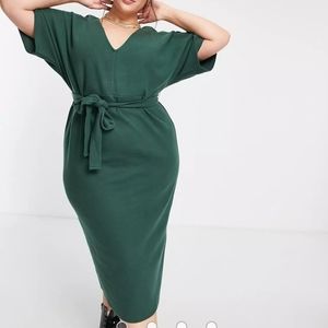 Asos Design V-Neck Belted Forest Green Midi Sweater Dress